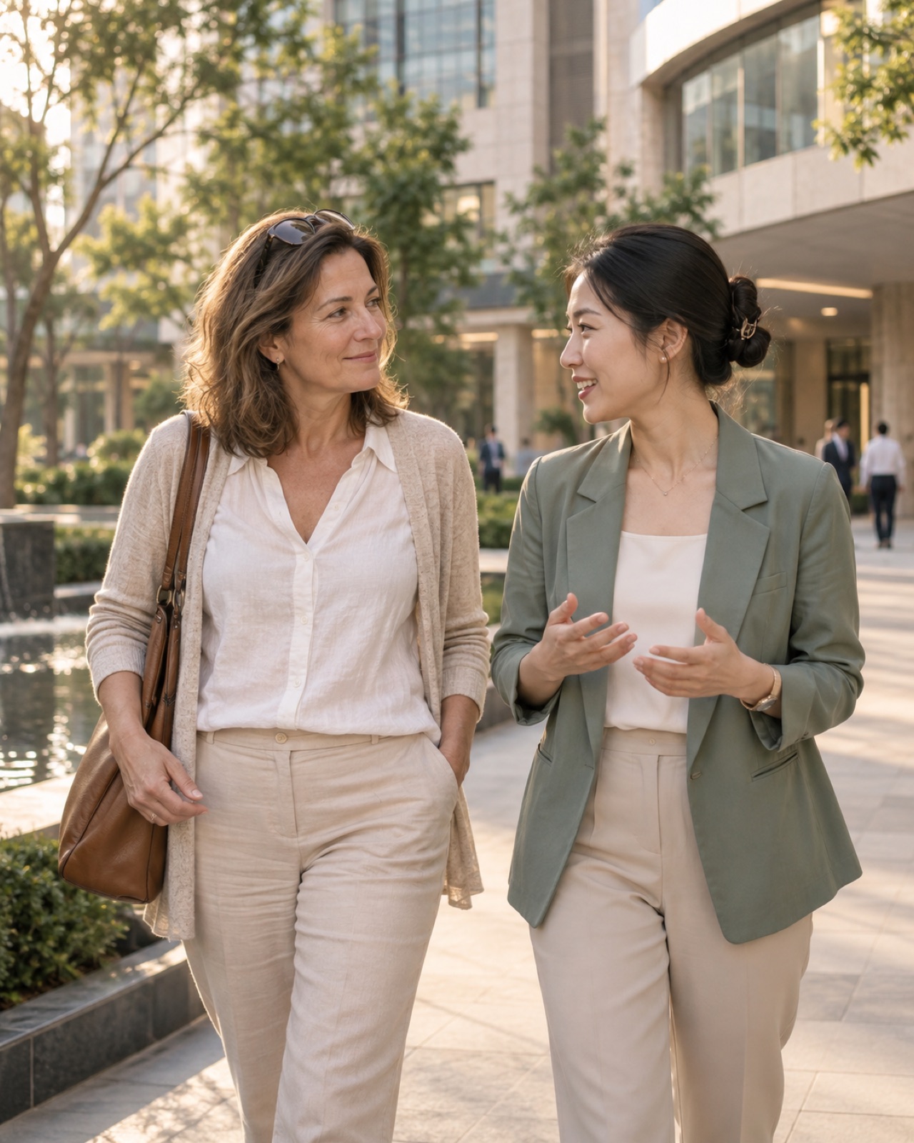 An international patient walking with a bilingual care coordinator in China